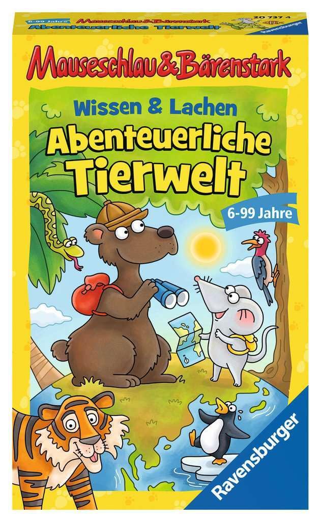 Ravensburger 20737 - Wissen und Lachen-Abenteuerliche Tierwelt, Mauseschlau & Bärenstark für Kinder, Kinderspiel für 2-4 Spieler, Quiz ab 6 Jahren