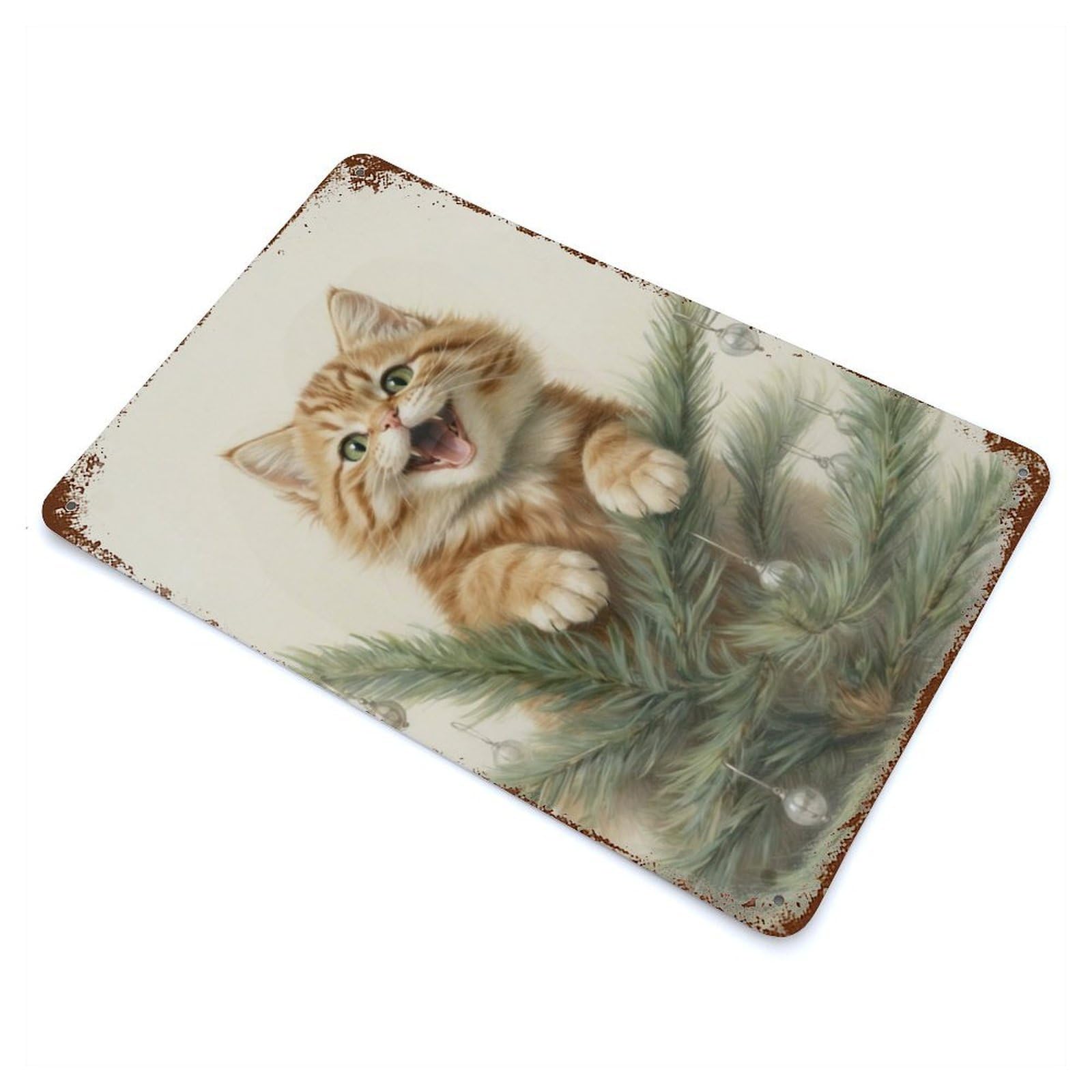 Kitten in Christmas Tree Vintage Wall Sign 11.8"x7.9", Rust Effect Metal Decor for Living Room, Hallway And Home Decor