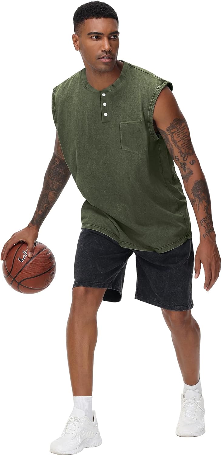 KEEPSHOWING Mens Workout Tank Tops Sleeveless Tee Shirts Muscle Gym Shirts Acid Wash T Shirts Running Loose Fit Tee - Image 2