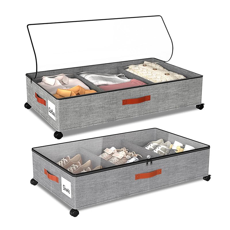 wovte ベッド下収納ボックス 大容量 綿麻 収納ボックス 蓋付き 衣類収納 洋服 布団ケース 折り畳み 収納ケース 收纳箱 通気 耐久性 幅81×奥行41×高さ15cm (グレー 2個セット）