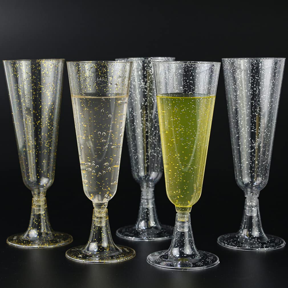 NAMIS Champagneglazen, plastic, 50 stuks, champagnefluiten, 150 ml, herbruikbaar, met wijnglas, markeerstift, siliconen, voor bruiloft, feest, picknicks, outdoor, goud