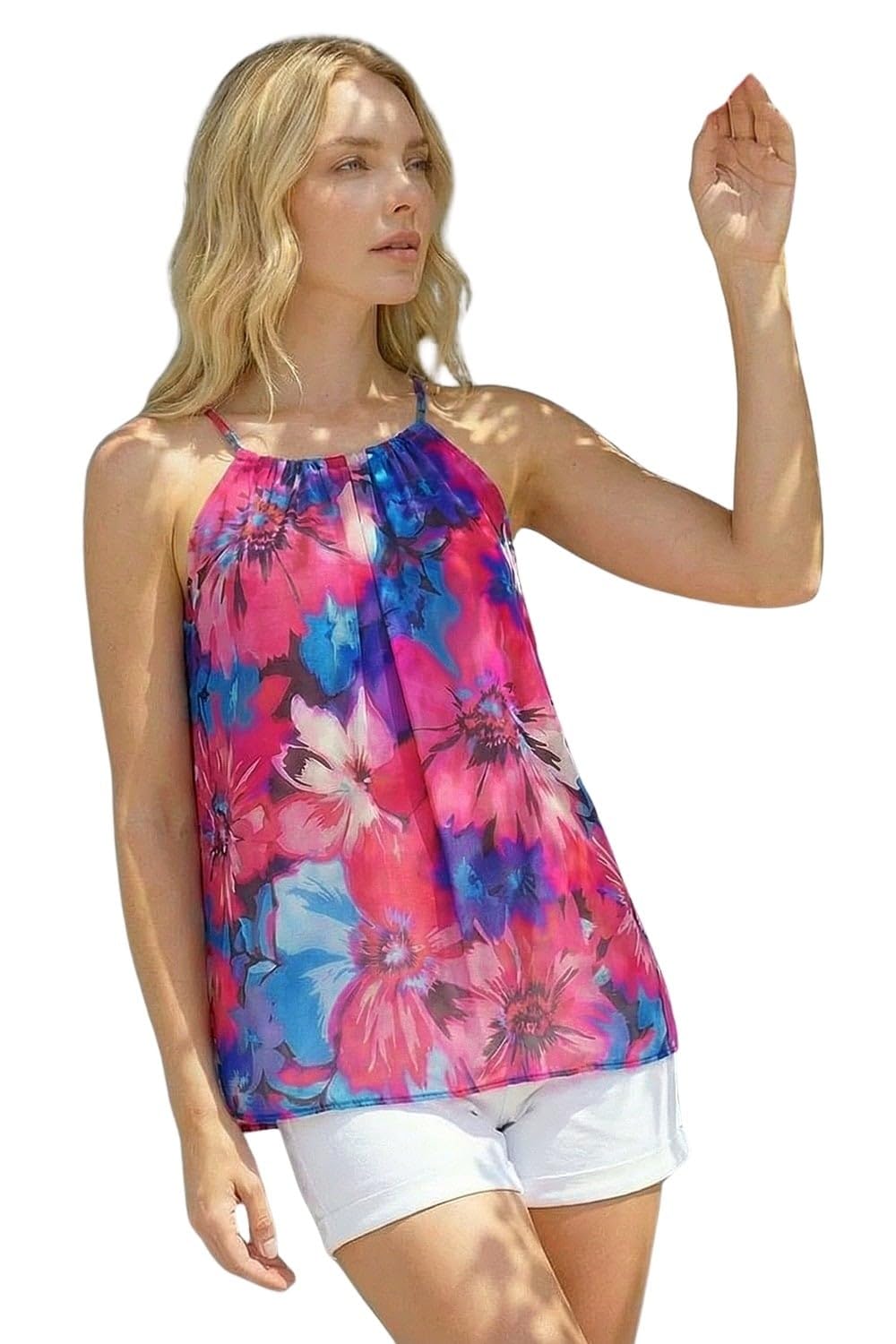 Roman Originals Women's Pink Floral Print Chiffon Cami Top For Uk - Everyday Holiday Spring Summer Round Neckline Comfy Soft Evening Vacation Work Party