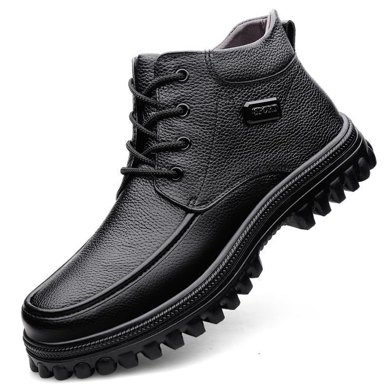 Men's Genuine Leather Ankle Boots, Lace-Up, Black, Big Sizes
