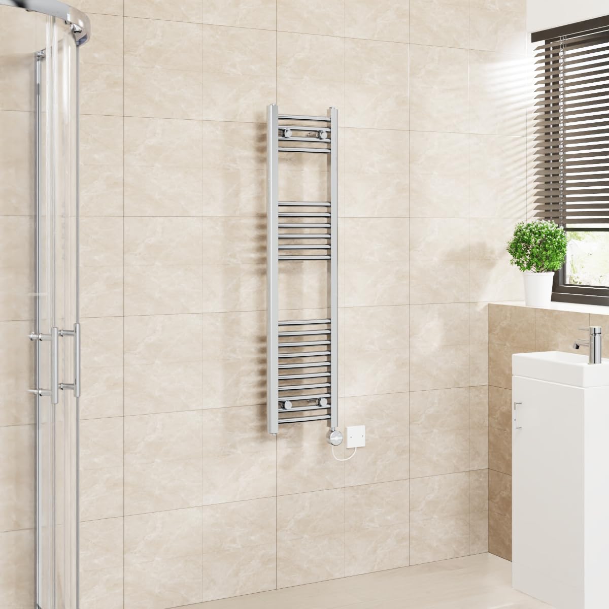 Warmehaus Touch Screen Electric Towel Rail Curved Timer Chrome 1200x300mm