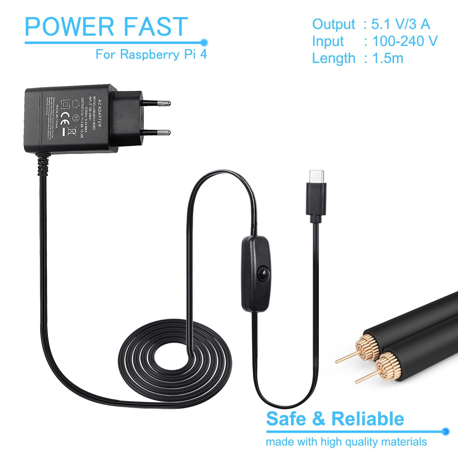 Cargador para Raspberry Pi 3/4, Cargador de 5.1V / 3A USB-C con Conector ON/Off para Raspberry Pi 3 4 Modell B,para Raspberry Pi 4