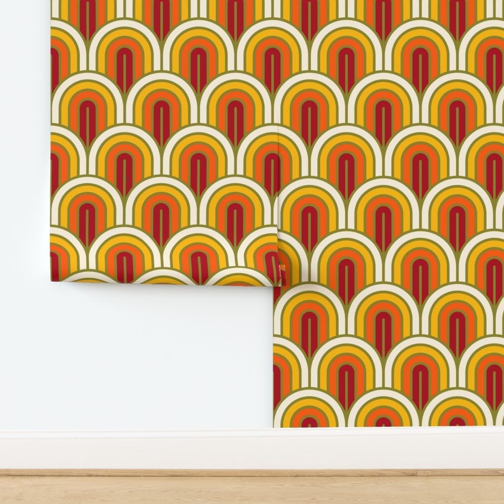 Peel & Stick Wallpaper 3ft x 2ft - Geometric Pattern Art Deco Sunset White Yellow Red Retro Orange Gold Custom Removable Wallpaper by Spoonflower