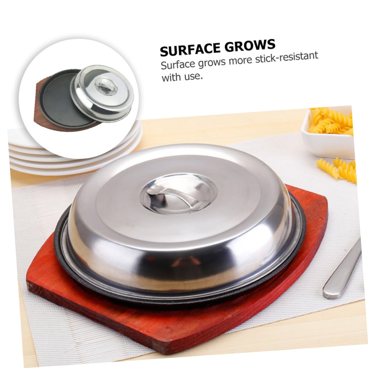 OUNONA Grillplatte Runde Antihaft aus Metall mit Holzbrett und Deckel Stab Resistant Oberfläche für Westliche Speisen und Grillgerichte