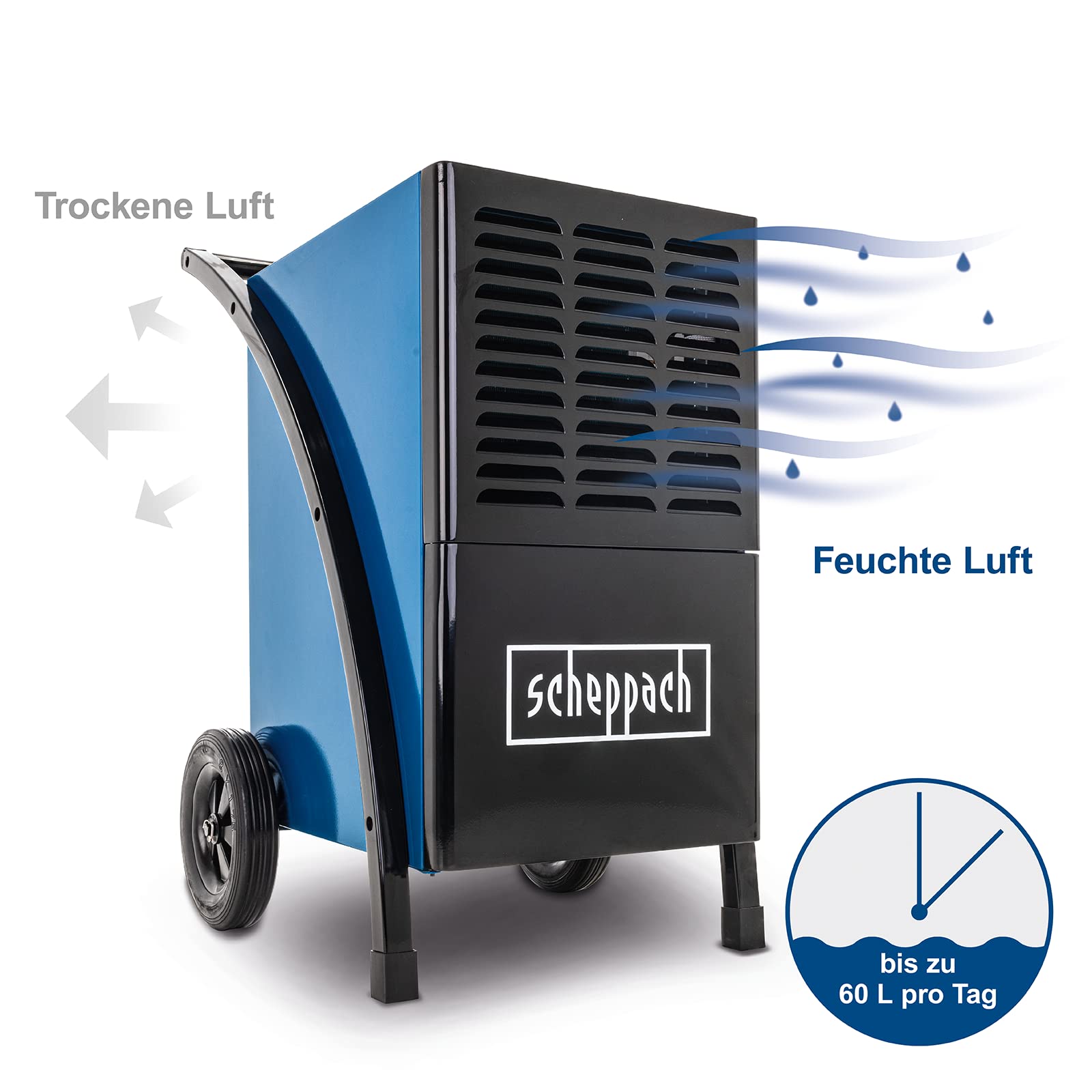 Scheppach Luftentfeuchter DH6100x Bautrockner elektrisch Baustellentrockner | 60L / Tag | Raumgrößen 60-80 m² | 1050W & LCD Display | Auto-Stopp bei vollem Behälter | Raumentfeuchter