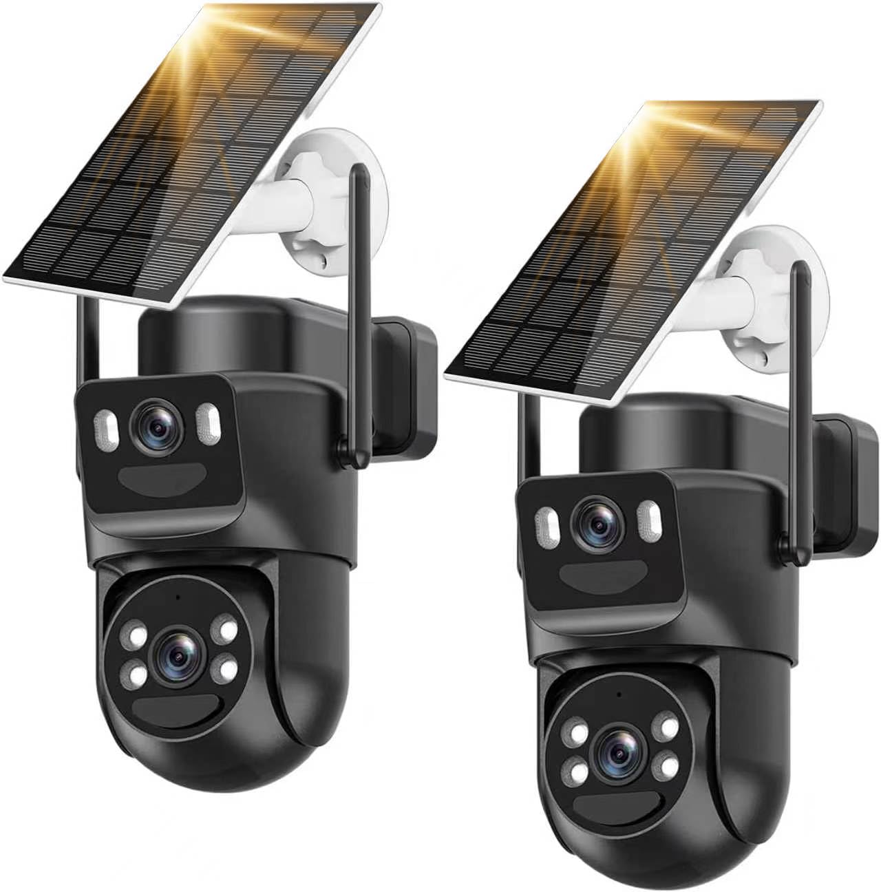 Budsun 4K Cámara de vigilancia WiFi Exterior inalámbrica,Cámara Solar/batería/Doble Lente,Audio bidireccional,Seguimiento automático,Visión Vocturne,360°PTZ Seguridad en el hogar,2PCS (Negro 2PCS)