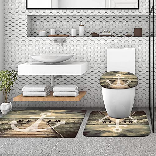 URSOPET Badteppich-Set 3-teilige, rutschfeste,Ankerdruck in Meereswellen mit langem Holzsteg, bewölktem Himmel, 3D… – Bild 4