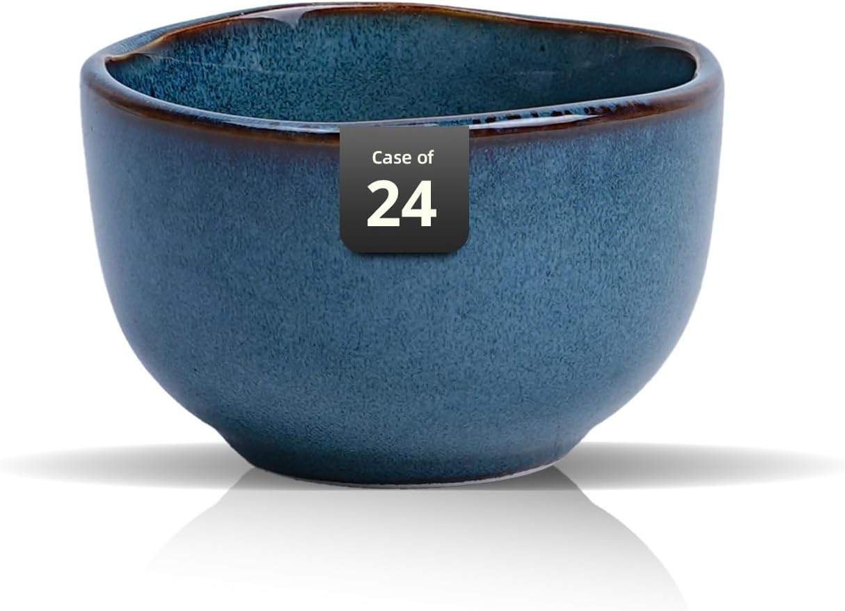 Organic Shape Highland Ceramic Bouillon Cup, 24pcs 9oz Handmade Reactive Glaze Stoneware Dip Bowls with Wavy Edge, for Kitchen, Microwave & Dishwasher Safe, Scratch Resistant-Blue