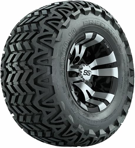 GTW Combo de ruedas y neumáticos para carrito de golf de 10 pulgadas GTW Vampire mecanizadasruedas negras en neumáticos Predator todo terreno