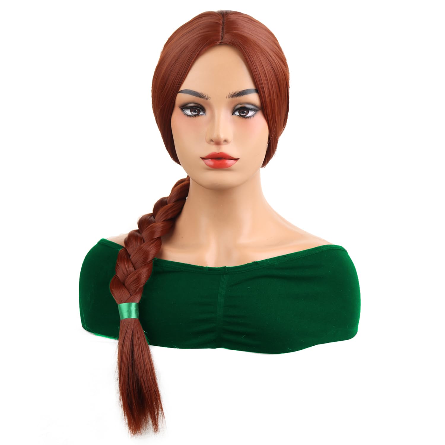MAGQOO Women Girls Princess Long Reddish Brown Braided Wig with Green Ribbon Cosplay Party Wig