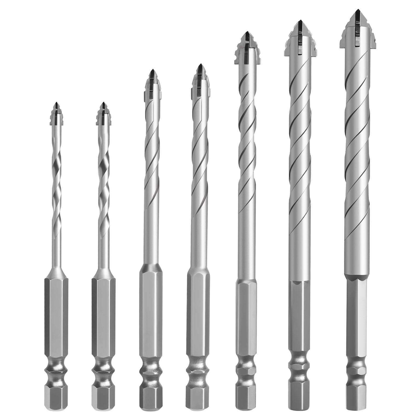 7 Teiliger Vierschneidiger Sägezahn Exzenterbohrer,Exzenterbohrer Set | 3/4/5/6/8/10/12 mm,Vierschneidiger Gezackter Bohrer,Hochfester Fliesenbohrersatz mit Hartmetallspitze,Multifunktions Bohrerse