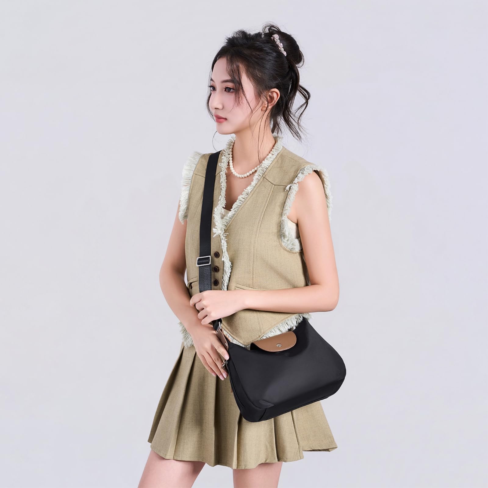 Umhängetasche Damen Frauen Oxford Tuch Klappe Crossbody Tasche, Mittel Knödel-Form Weiche Schultertasche Für Pendel Einkaufen Täglichen Gebrauch-Black
