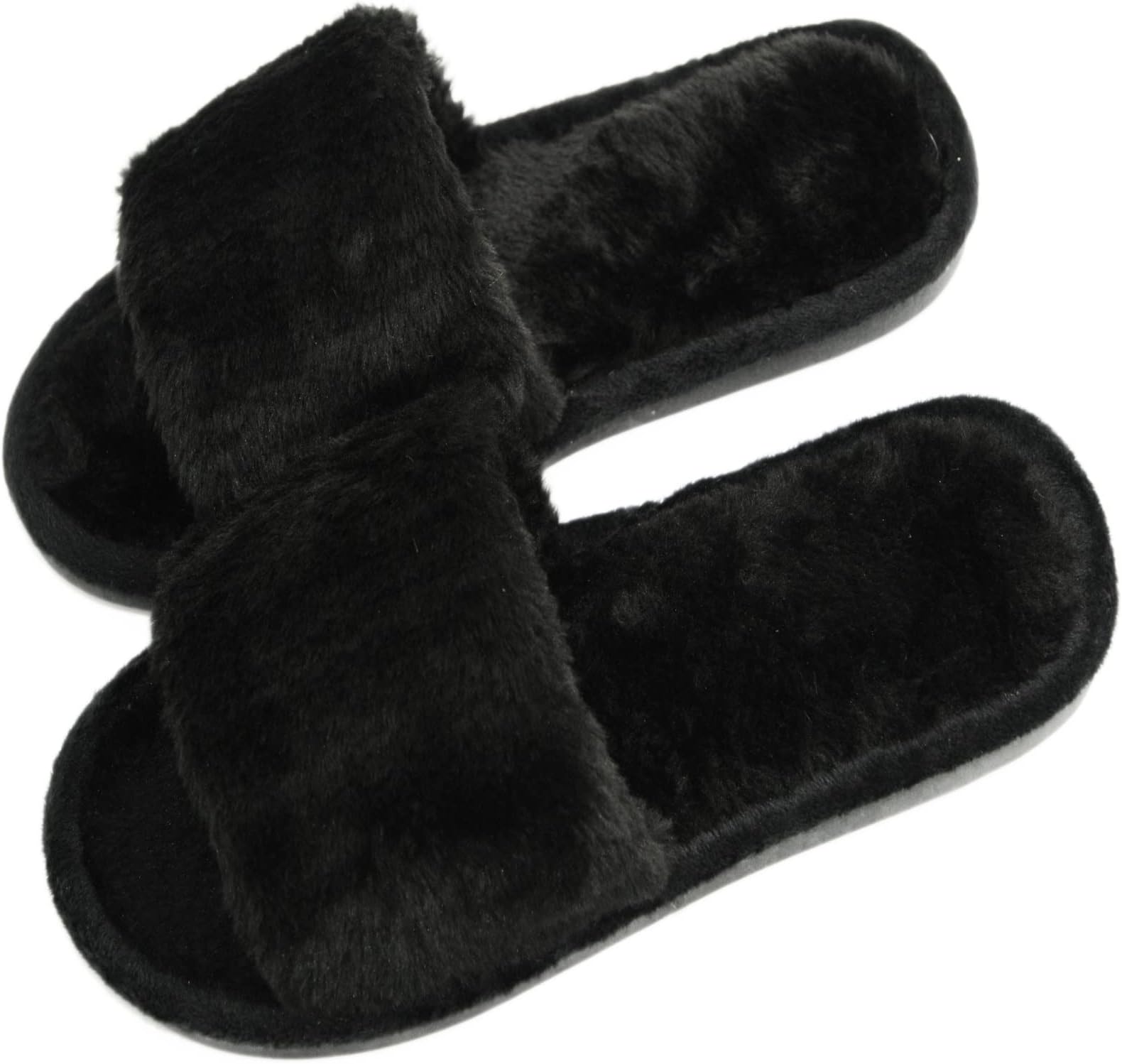 Women's Fuzzy Fluffy Furry Fur Slippers Flip Flop Open Toe Cozy House Memory Foam Sandals Slides Soft Flat Comfy Anti-Slip Spa Indoor Outdoor Slip on