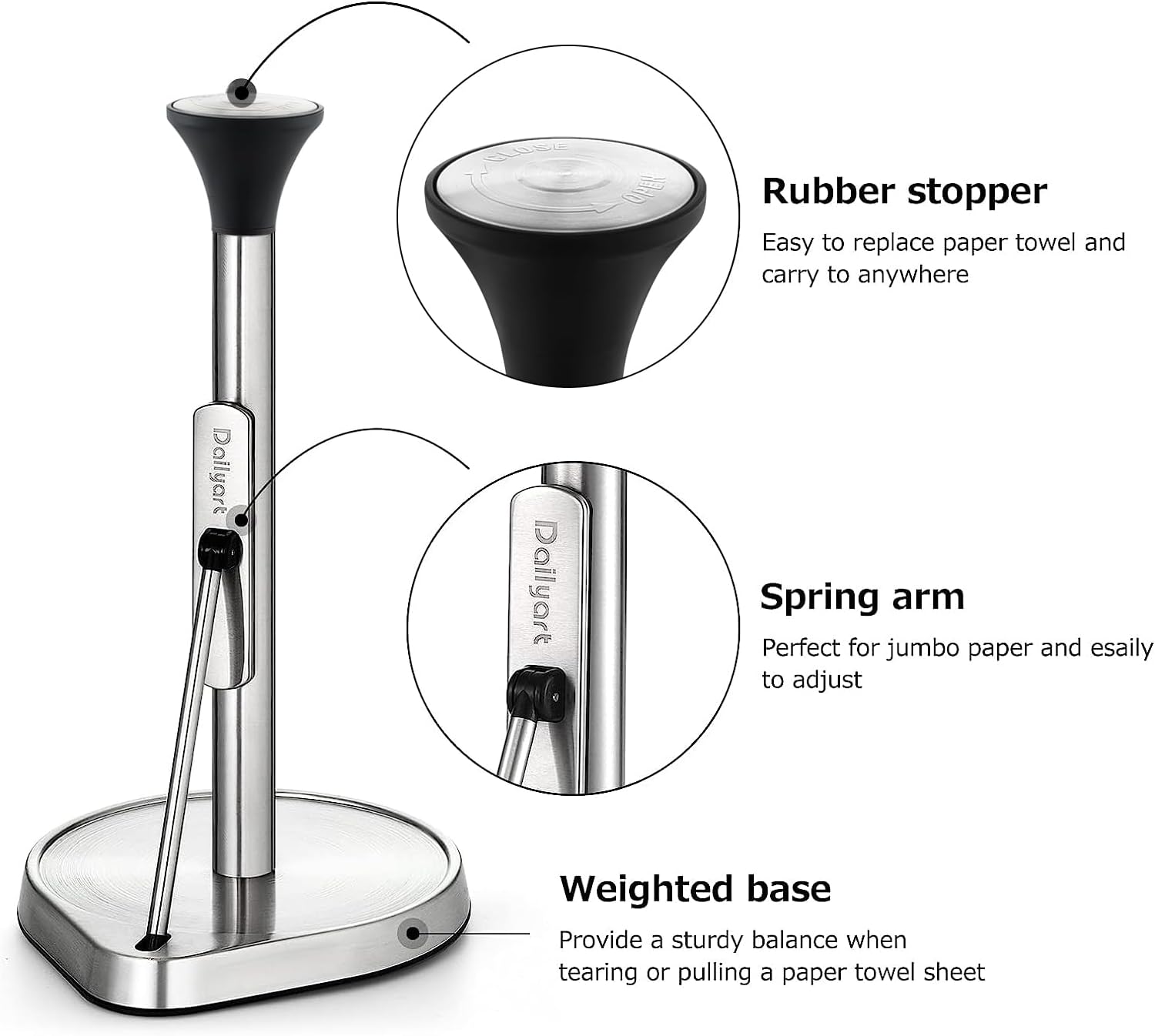 Dailyart Paper Towel Holder Stand for One Hand Tear with Tension Arm, Heavy Duty Paper Towel Holder Countertop with 2.65lb Weighted Base, Kitchen Paper Towel Holders Counter Fit Most Size Paper Roll
