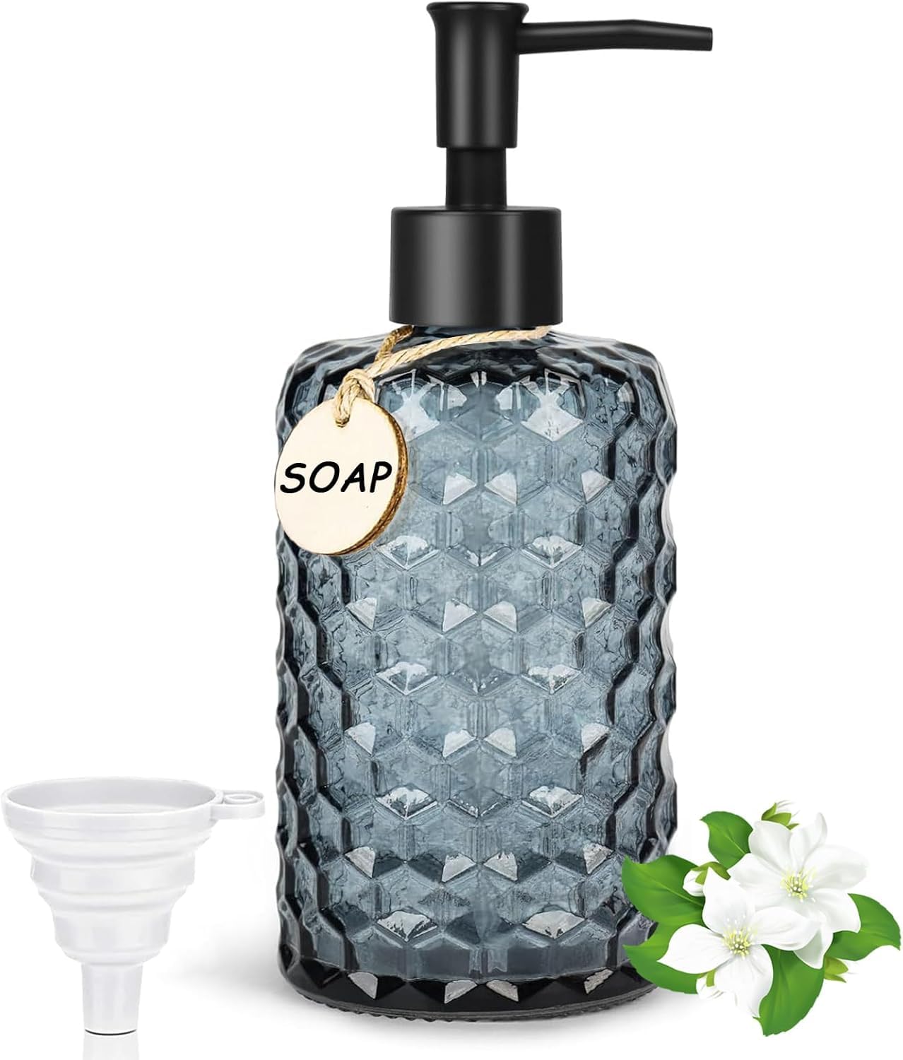 500ml Blue Glass Soap Dispenser with Wooden Labels, Shower Gel Dispenser