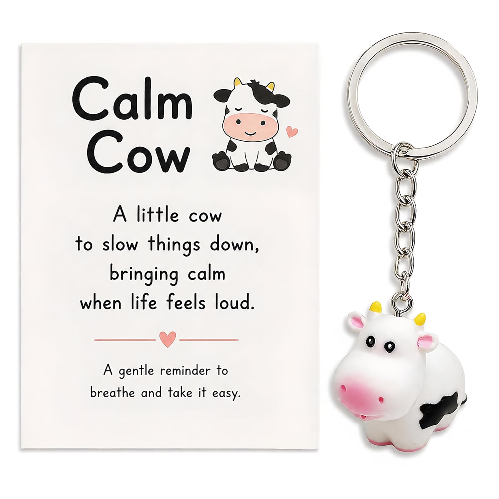 Virelle Calm Cow Keychain for Women & Kids, Cute Keyring with Encouragement Card, Mini Gifts for Friend Stress Relief, Calming Friendship Pendant for Bags Backpack