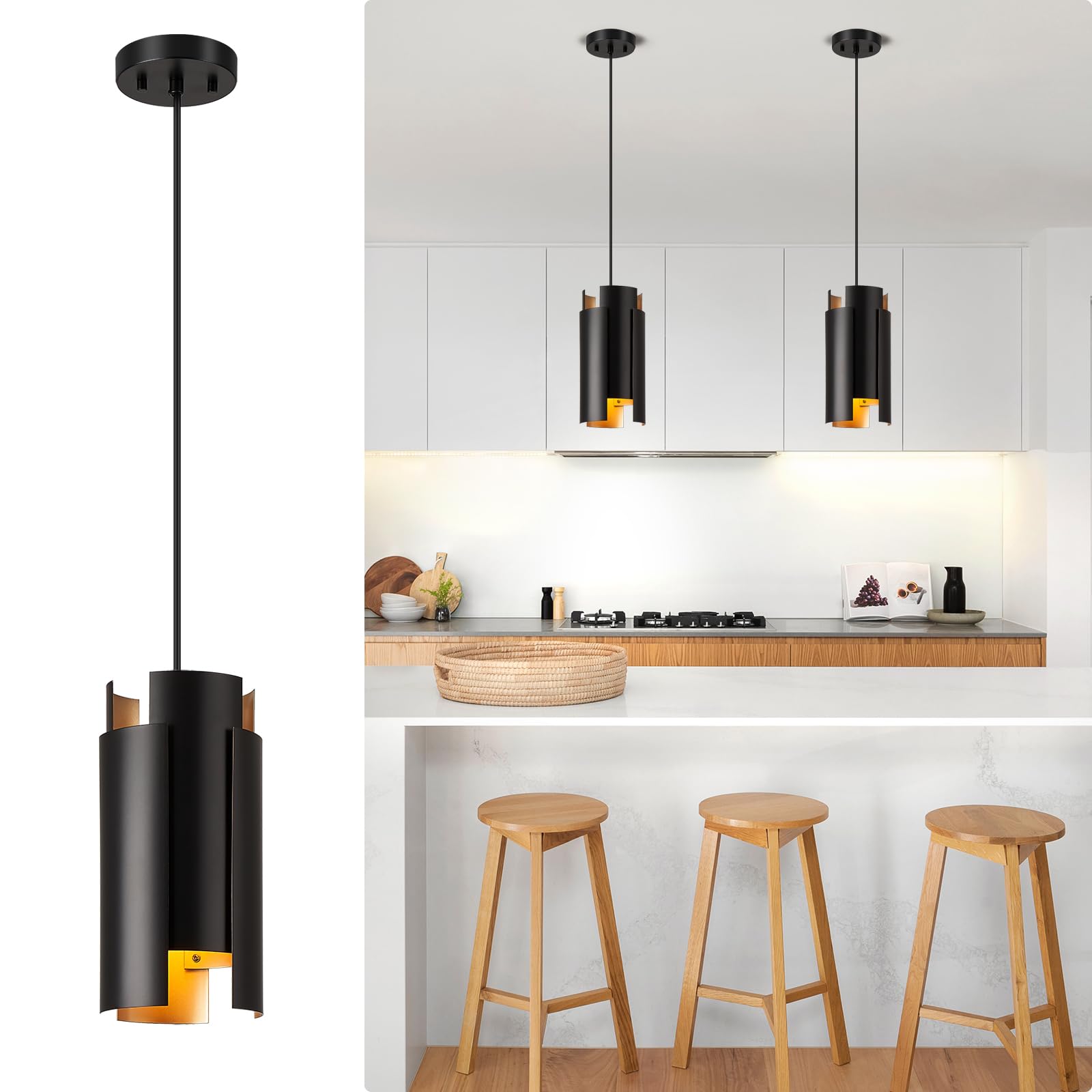 VIOLOEMI Black Pendant Light Modern 1-Light Kitchen Island Pendant Lighting Fixture with Metal Shade, Industrial Farmhouse Ceiling Hanging Lamp for Dining Room Entryway Porch Bedroom Hallway