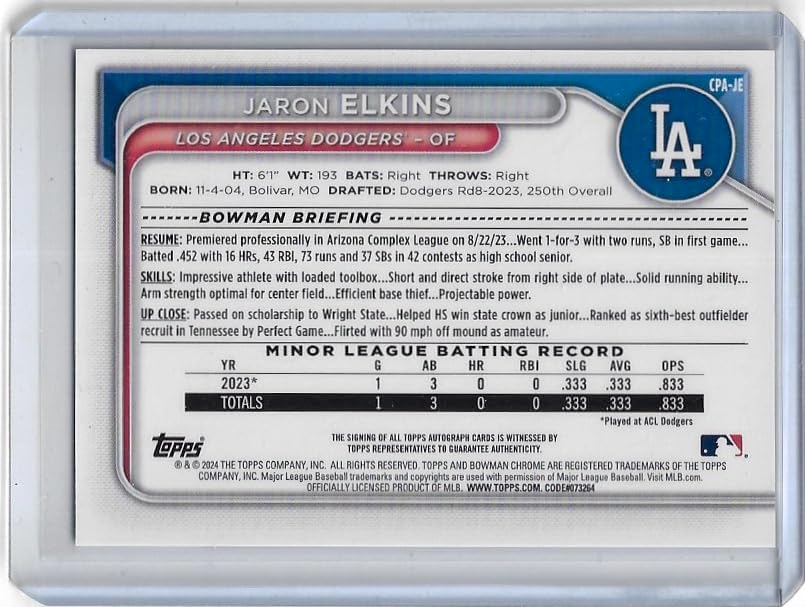 Jaron Elkins Autographed 1st Bowman Paper Prospects Rookie Autograph Collectible Baseball Card - 2024 Bowman Baseball Card #CPA-JE (Dodgers)