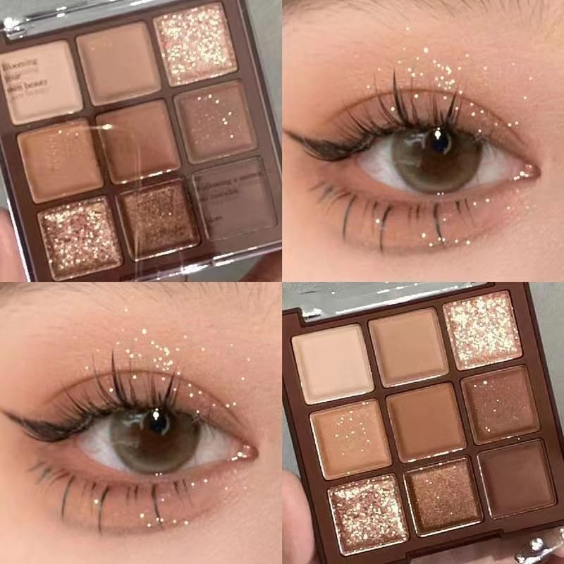 Nude Matte Shimmer Eyeshadow Palette - 9 Colors High Pigment Makeup, Highly Pigmented Creamy Waterproof Eye Shadow Powder, Create a Neutral Eye Look, Long Wearing (A)