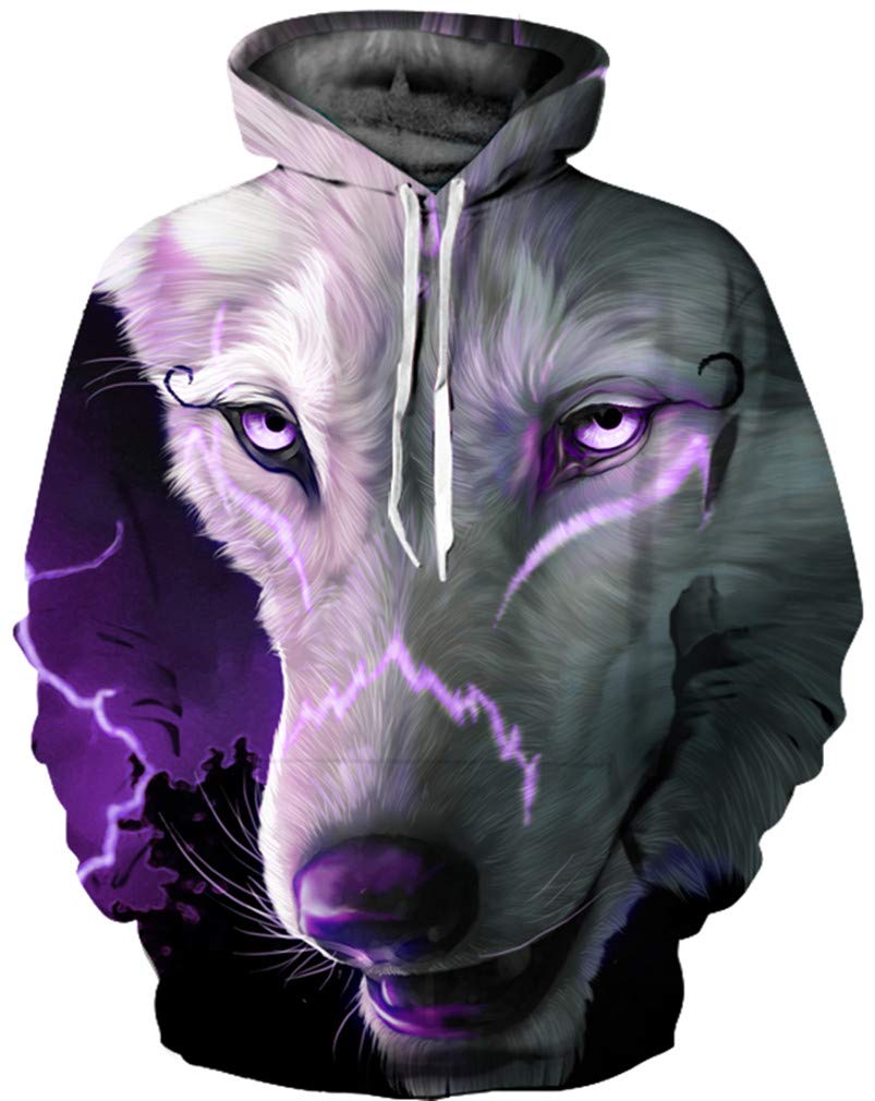 Ocean Plus Men Digital Printing Multicolour Hoodie Skull Hoodie Colourful Wolf Pulli Skull Sweatshirt with Hood (XXL/3XL (Chest: 126-146 cm), White wolf with purple eyes)