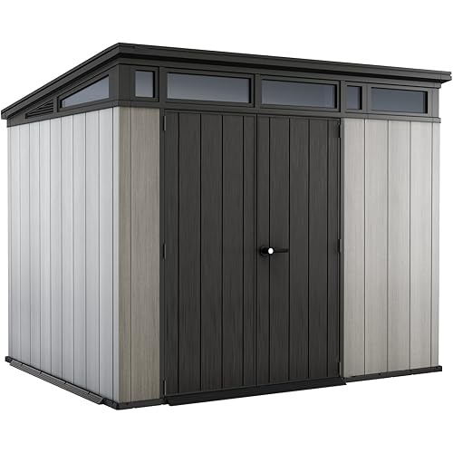 Keter Artisan 9x7 Foot Large Outdoor Shed with Floor with Modern Design for Patio Furniture, Lawn Mower, Tools, and Bike Storage, feet, Grey/Black