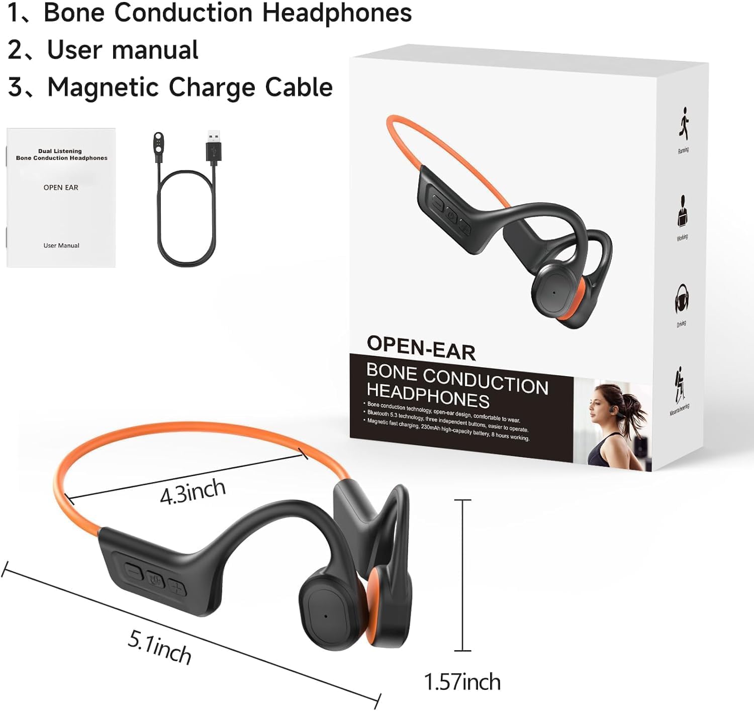 Cuffie a conduzione ossea, IPX7, impermeabili, wireless, Bluetooth, auricolari aperti, Bluetooth 5.3, microfono integrato, 10 ore di riproduzione per corsa, ciclismo, escursionismo