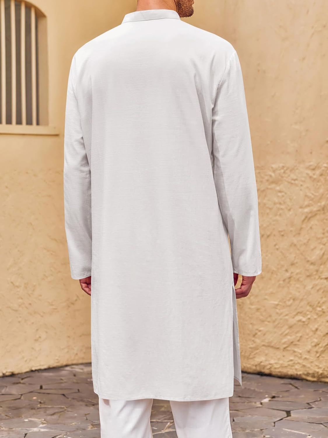 Runcati Mens Kaftan Thobe Button Down Henley Shirts Robe Long Sleeve Casual Cotton Pleated Muslim Gown Shirt - Image 3