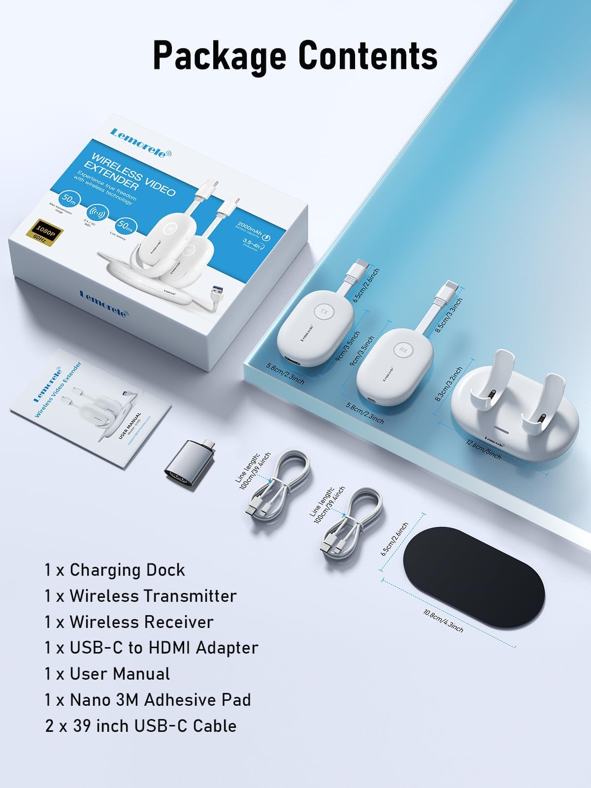 Lemorele Transmisor y Receptor HDMI Inalámbrico con Adaptador USB-C, Batería 2000mAh, 8TX a 1RX, Alcance 50m, para Video Desde Laptop, PC, Cámara a HDTV/Proyector, Conferencias