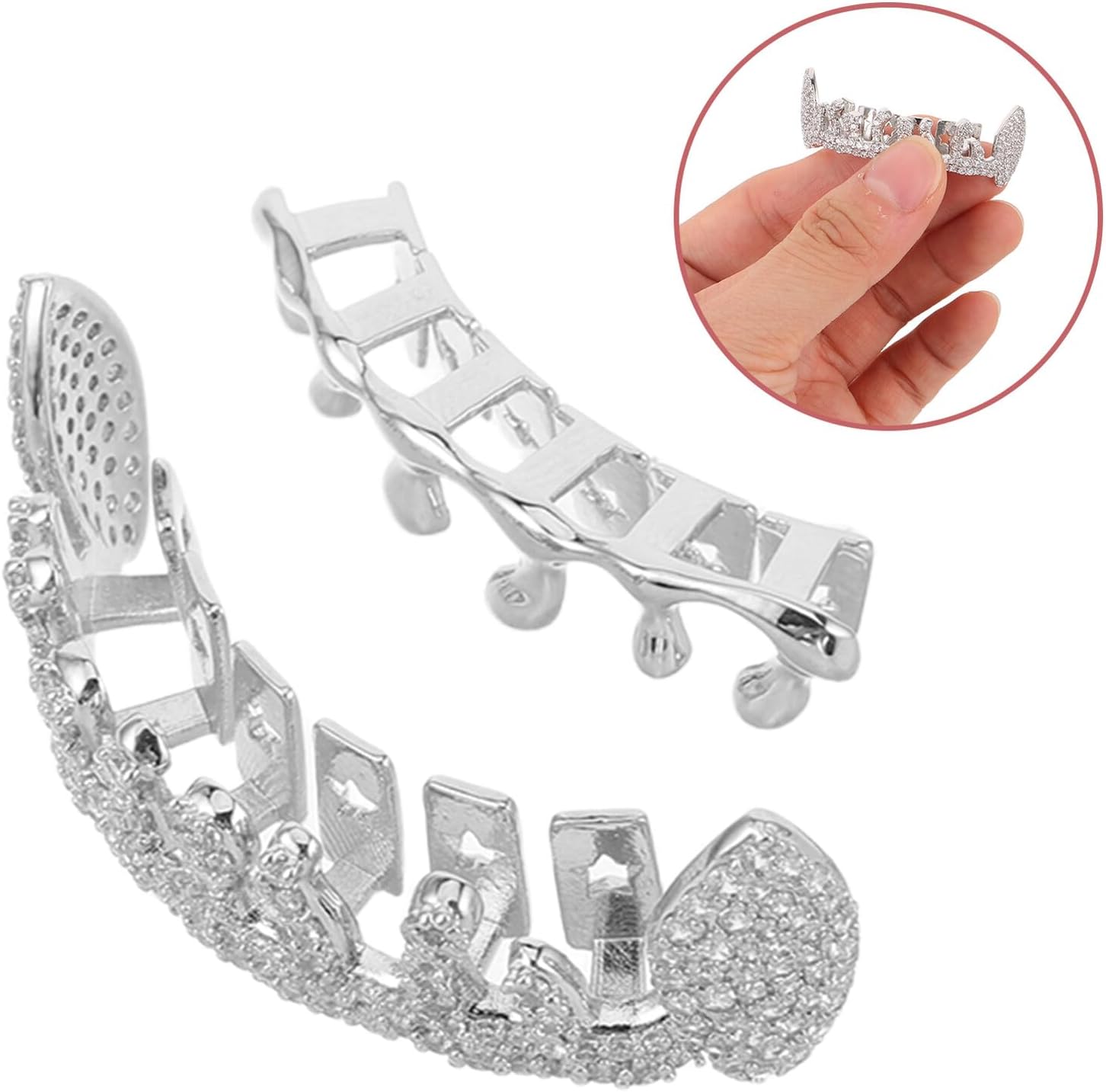 KALLORY 2pcs Silver Metal Teeth Grill Hip Hop Tooth Caps Fake Jewelry Mouth Accessory for Men Women Cosplay Rapper Dental Grills