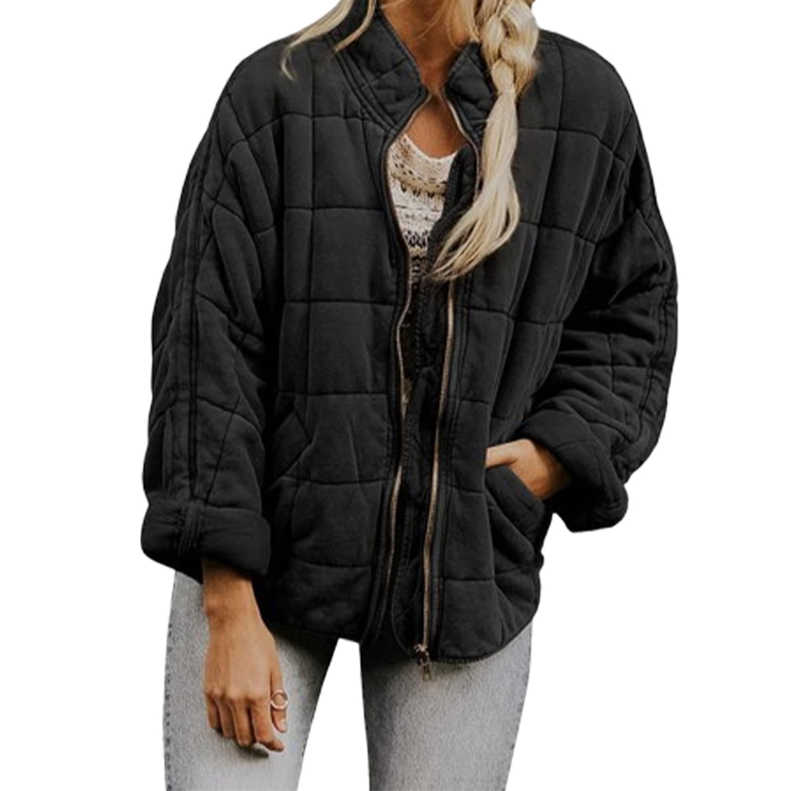 Qingxingfa Women's Black Quilted Puffer Jacket, Lightweight Oversized Zip-Up Coat With Stand Collar, Casual Winter Outerwear With Pockets (,M)