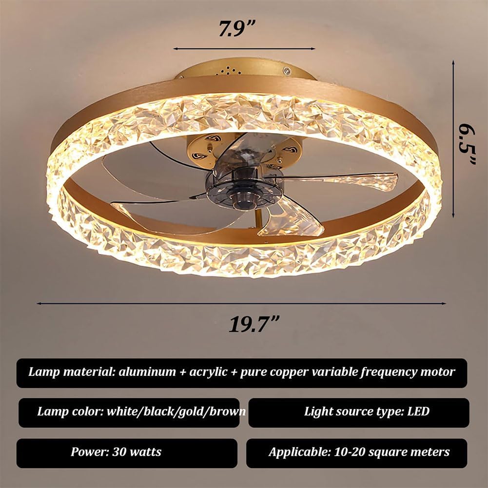 Modern Low Profile Ceiling Fan with Light, 19.7in LED Ceiling Fan with Remote Control, Bladeless Flush Mount White Fan Lights Ceiling Fixtures for Living Room 3000K-6500K Fan Light, White