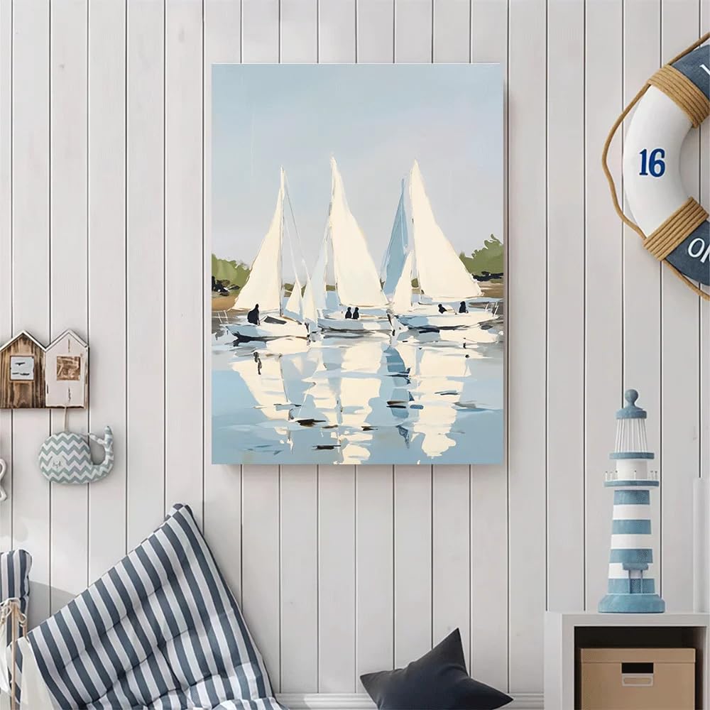 GKUVBF Voiliers sur eau calme et réfléchissante, impression sur toile, paysage côtier serein, affiche décorative pour salon (60 x 80 cm/cadre intérieur)