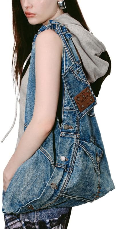 URBAN REVIVO Women Tote Shoulder Bag Large Capacity Denim with Leather Accents for Daily Commute and Dating - Image 2