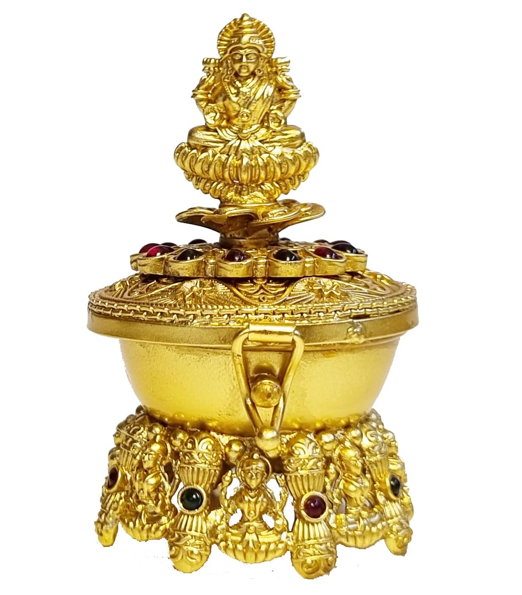 ADZOY Premium Handcrafted Goddess Lakshmi on top and Bottom with Blessings for Wedding | Haldi | Sindoor | Kumkum | Chandan | Dabbi Handmade Pure Brass Material Box