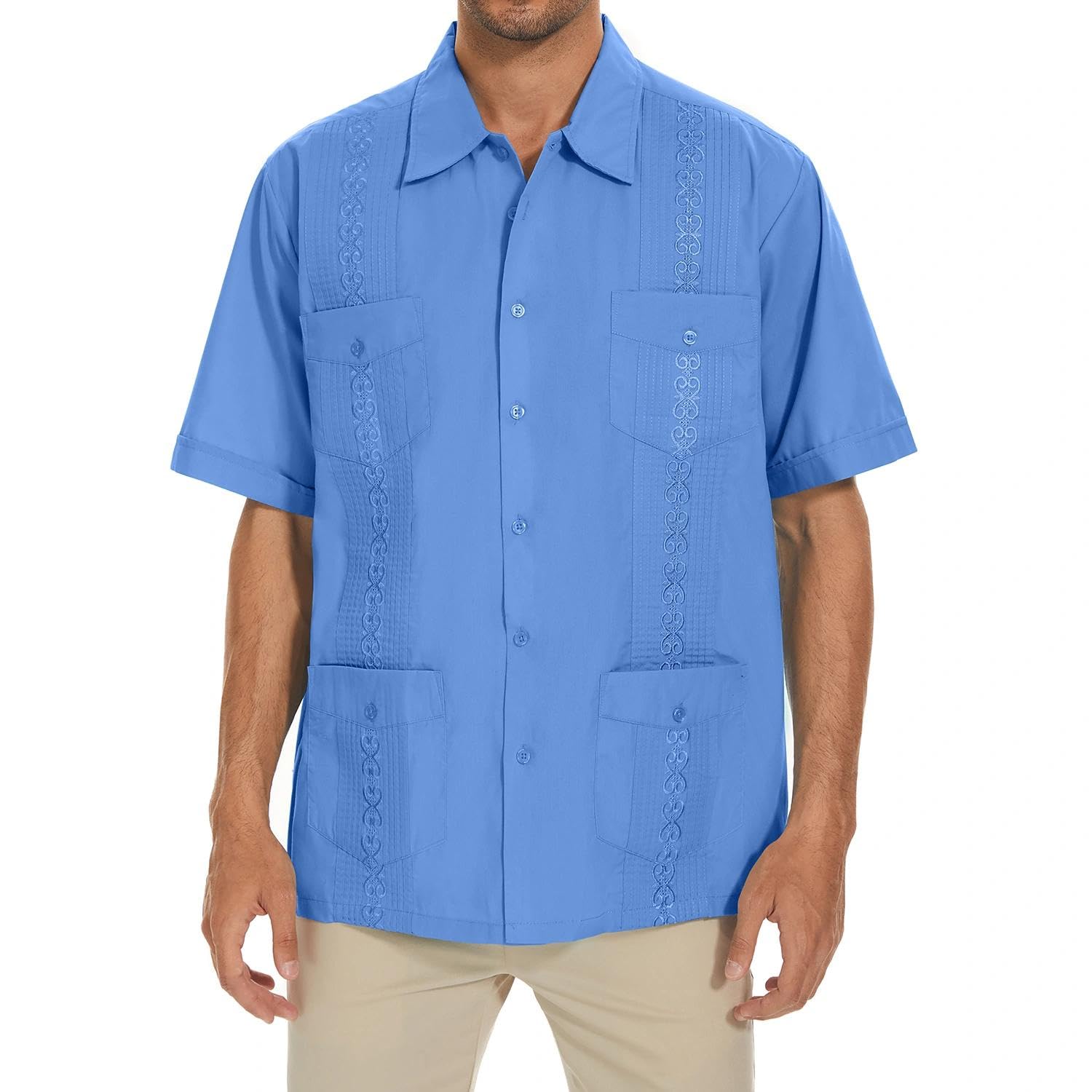 Maxjon Men's Blue Guayabera Shirts For Adult Cuban Shirts Short Sleeve Shirt, Xxxl