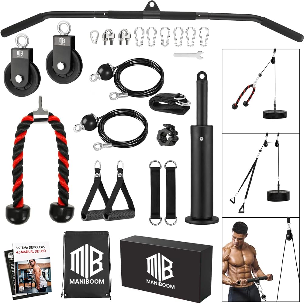 ManiBoom Kit Carrucola Palestra (204 kg) - Carrucola per Sollevamento Palestra con Barra 2 in 1, Corda Tricipiti e Maniglie per Home Gym