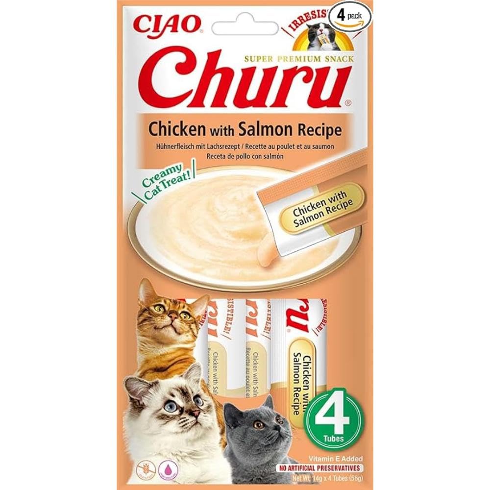 INABA Churu - Premios para Gatos - Snacks Saludables Pollo y Salmón - Textura Cremosa - Sin Cereales, Conservantes, Colorantes - Sólo 6 Cal - 4x14g (56g)
