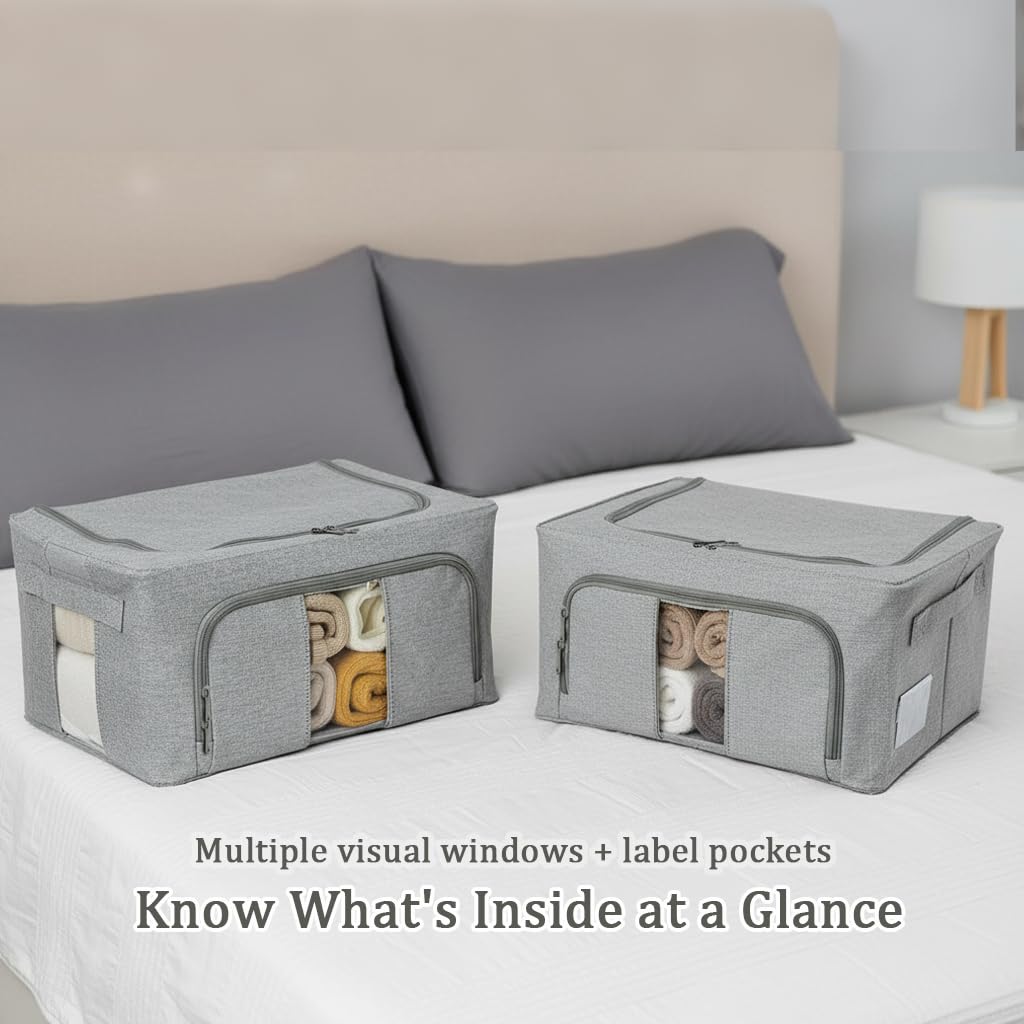 Cajas Almacenaje Ropa, con metálico 5mm, base con soporte PP, 66L | Gris, 3 PCS, Algodón y Lino, Bolsas Plegables, Para Organizador Armario, edredones, colchas, mantas