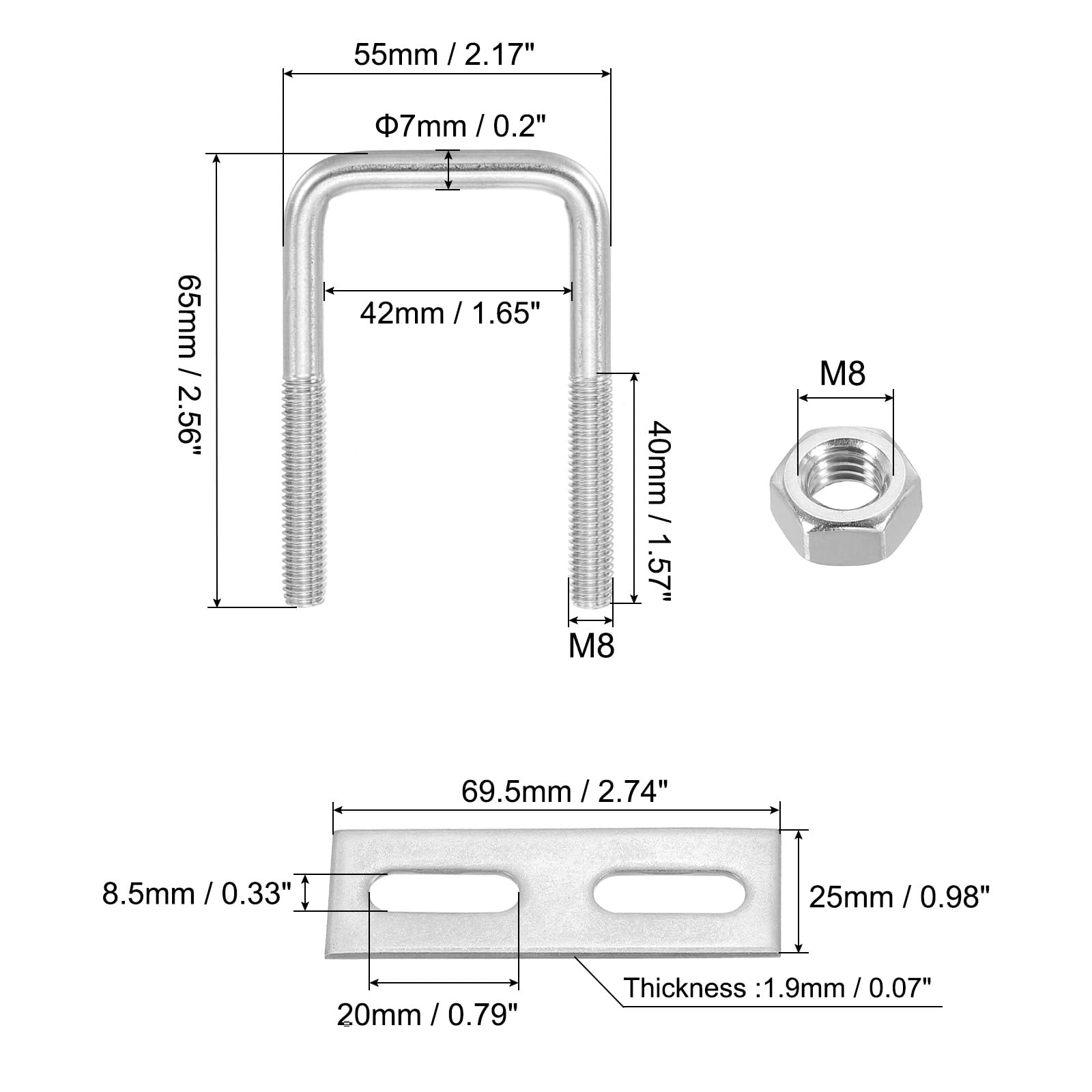 PATIKIL M8x40x65mm Square U-Bolts Kit - Image 2