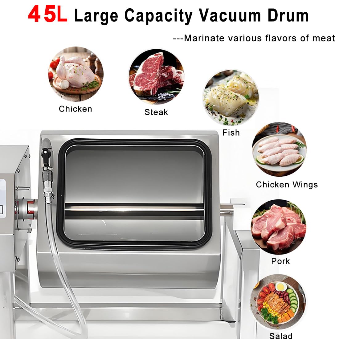 Tumbler De Vacío Comercial De Sobremesa, Capacidad De 45 litros (Máx. 35 Kg De Carne) – Marinador De Vacío para Mezclar, Marinar, Salar Y Masajear La Carne En Ambiente De Vacío