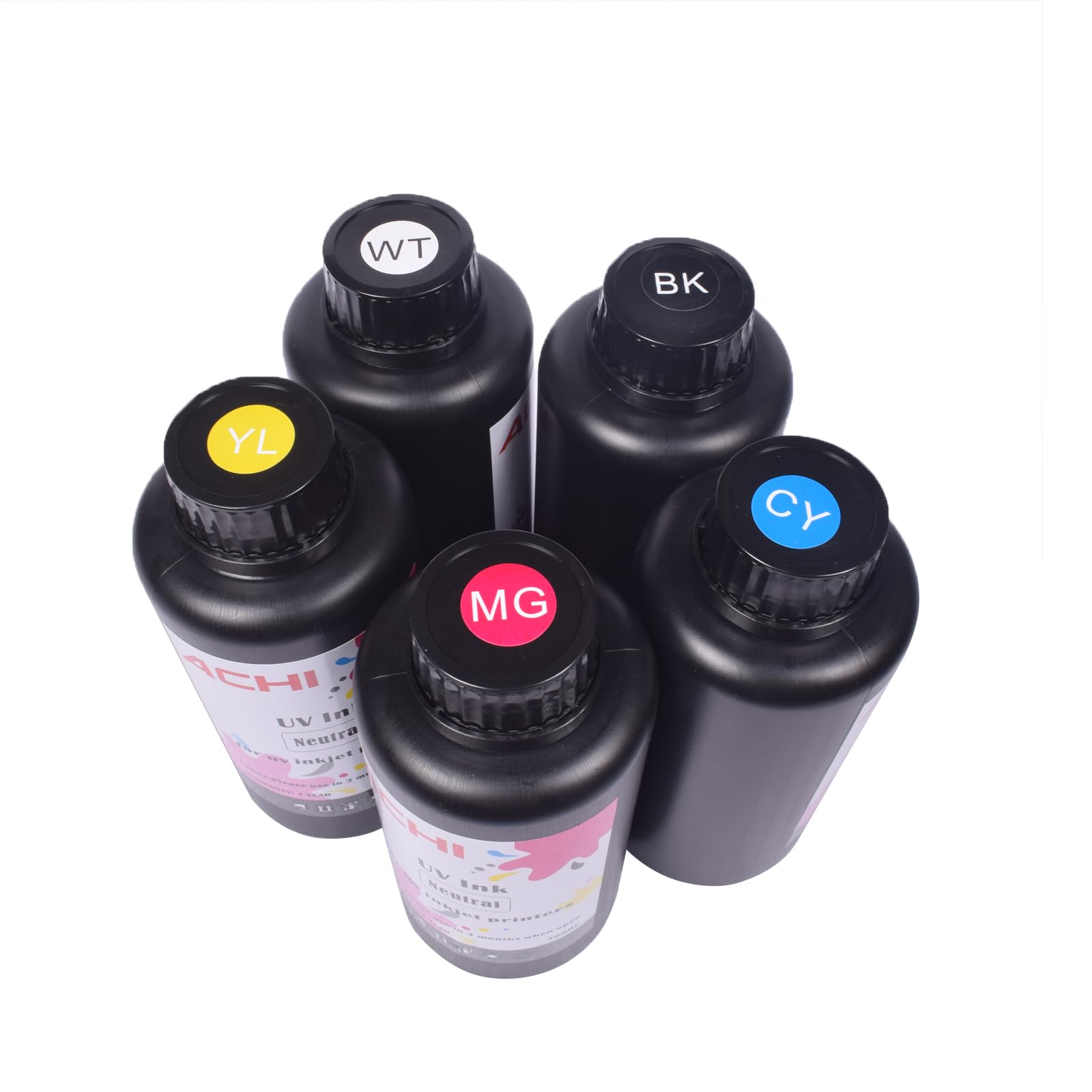 Tinta UV LED de 5 x 500 ml para cabezal de impresión R1390 L800 A3 impresora UV impresora UV A4 tinta de impresión en sombrero de camiseta de plástico (5 x 500 ml, CMYKW) tinta UV