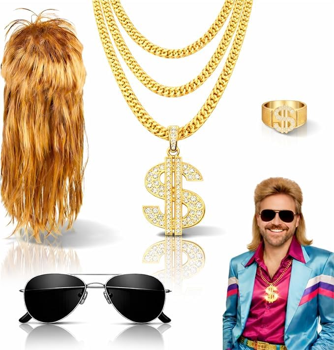 TK Gruppe Timo Klingler 4 in 1 Vokuhila Set mit Assi Perücke, Goldkette, Brille - für Fasching & Karneval für 80er 90er Kostüm