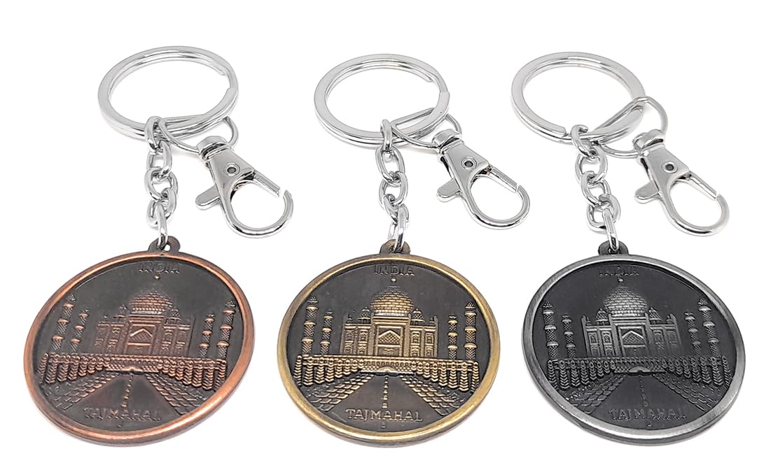 Aura Set Of 2 Double Sided Metal Souvenir Taj Mahal India Gift Metal Keychain For Men Women Husband Wife Girl Boy Friend Bike Car Silver Keychain