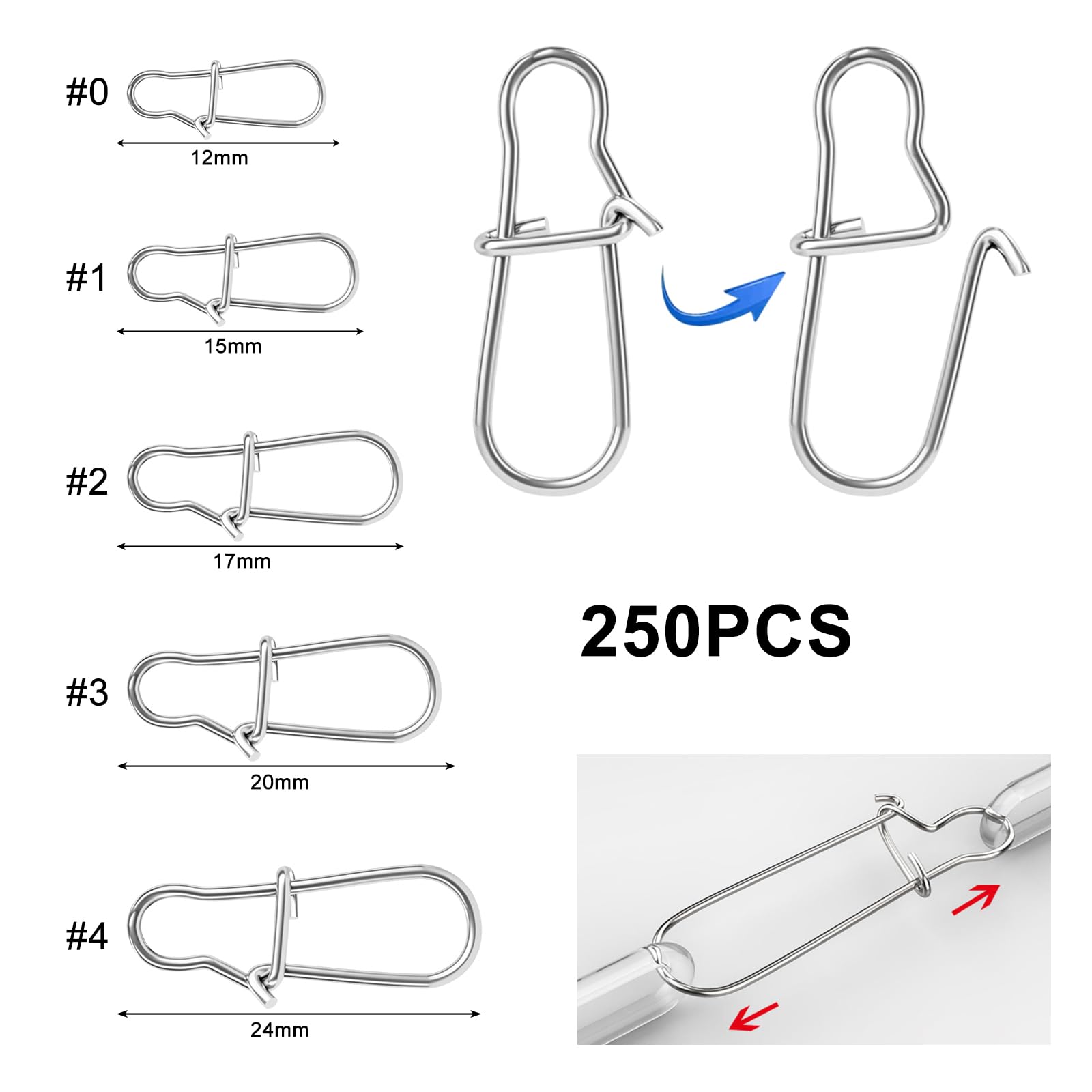 Set di 100 girelle da pesca, a scatto in acciaio inox, con moschettone, set di esche da pesca, per acqua salata, colore nero opaco #6#8#10#12#14
