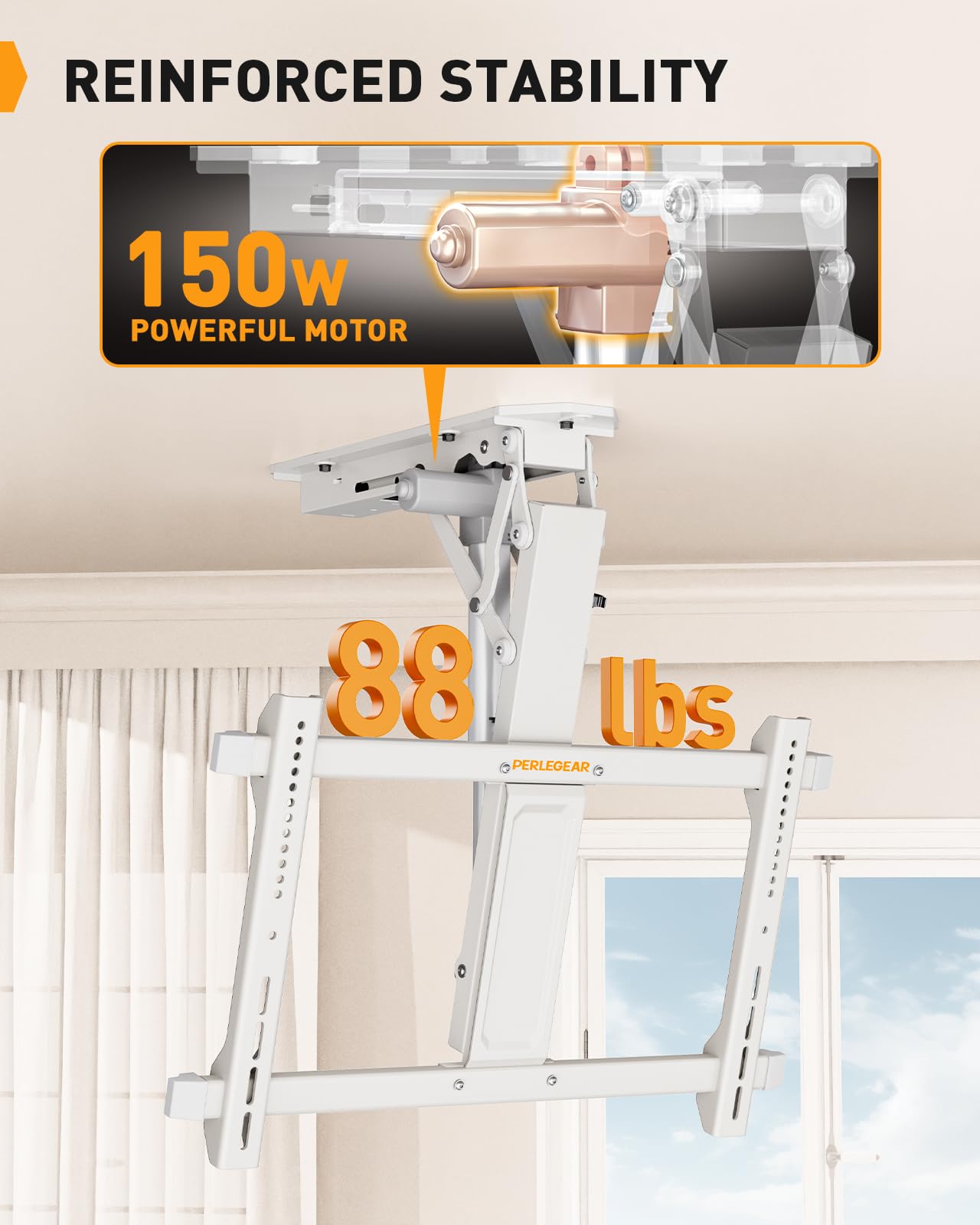 Perlegear Soporte eléctrico de techo para TV con control remoto para televisores de pantalla plana y curvada de 31.3 a 177.8 cm de hasta 88 libras, VESA máximo 600 x 400, soporte de techo motorizado
