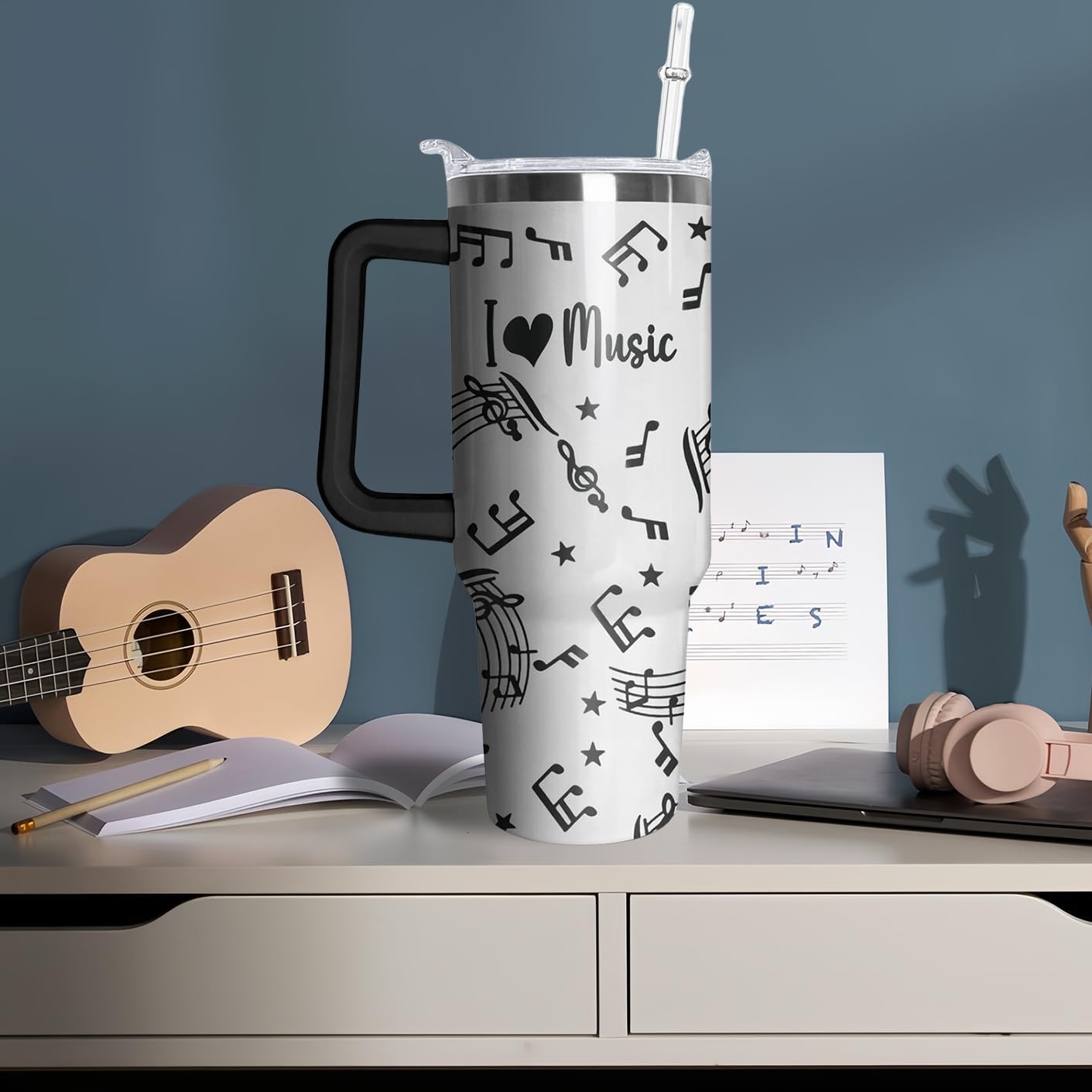 40oz Music Teacher Gifts Tumbler with Handle and Straw, Musical Note Stainless Steel Insulated Cup with Lid, Travel Coffee Mug Water Bottle, Birthday Gifts for Women Men - Image 6