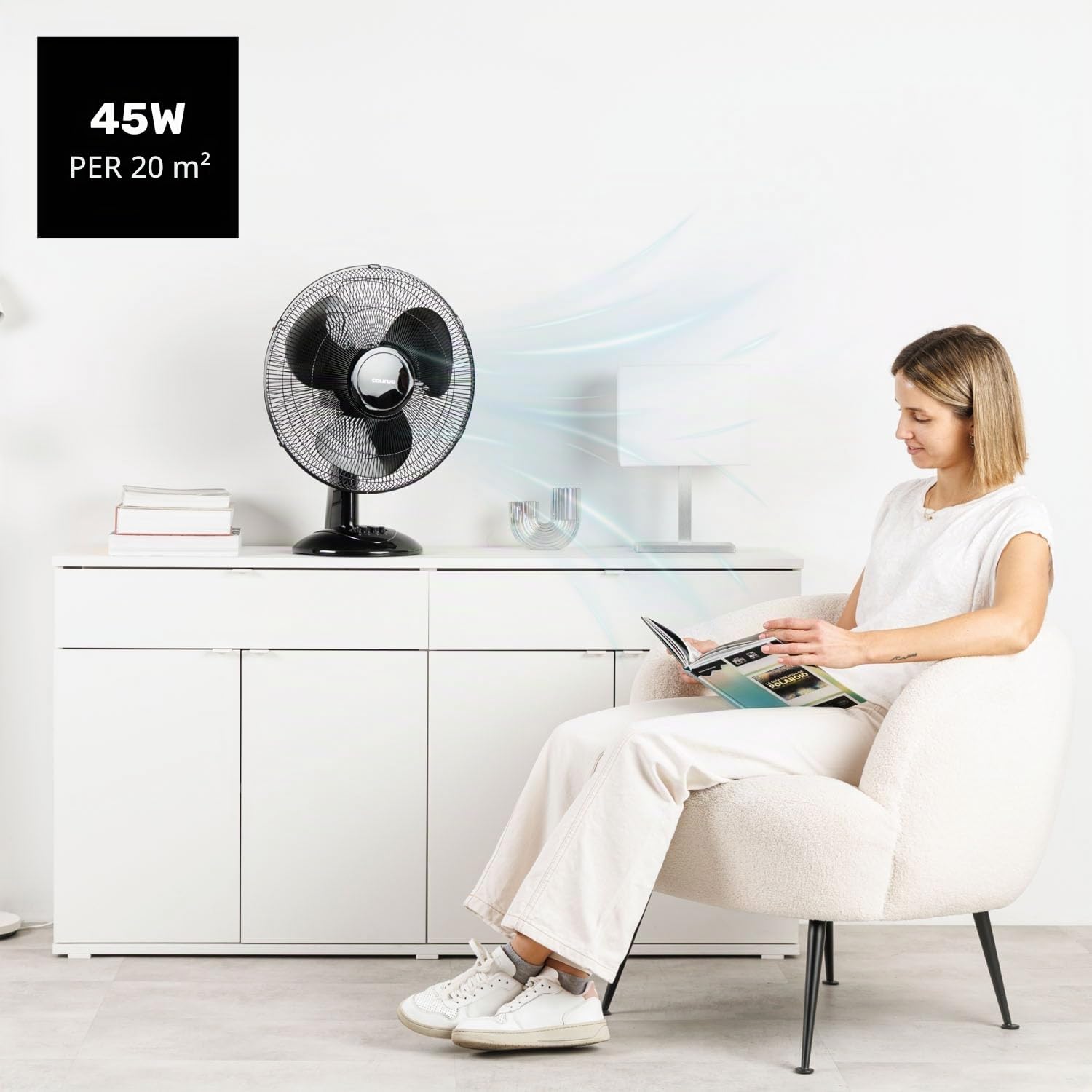 Taurus – Ventilatore da tavolo Greco 16 Elegance | 45W | 3 pale 40 cm | 3 velocità | Oscillazione automatica | Inclinazione regolabile | Compatto e silenzioso | Portatile | Base antiscivolo | Nero